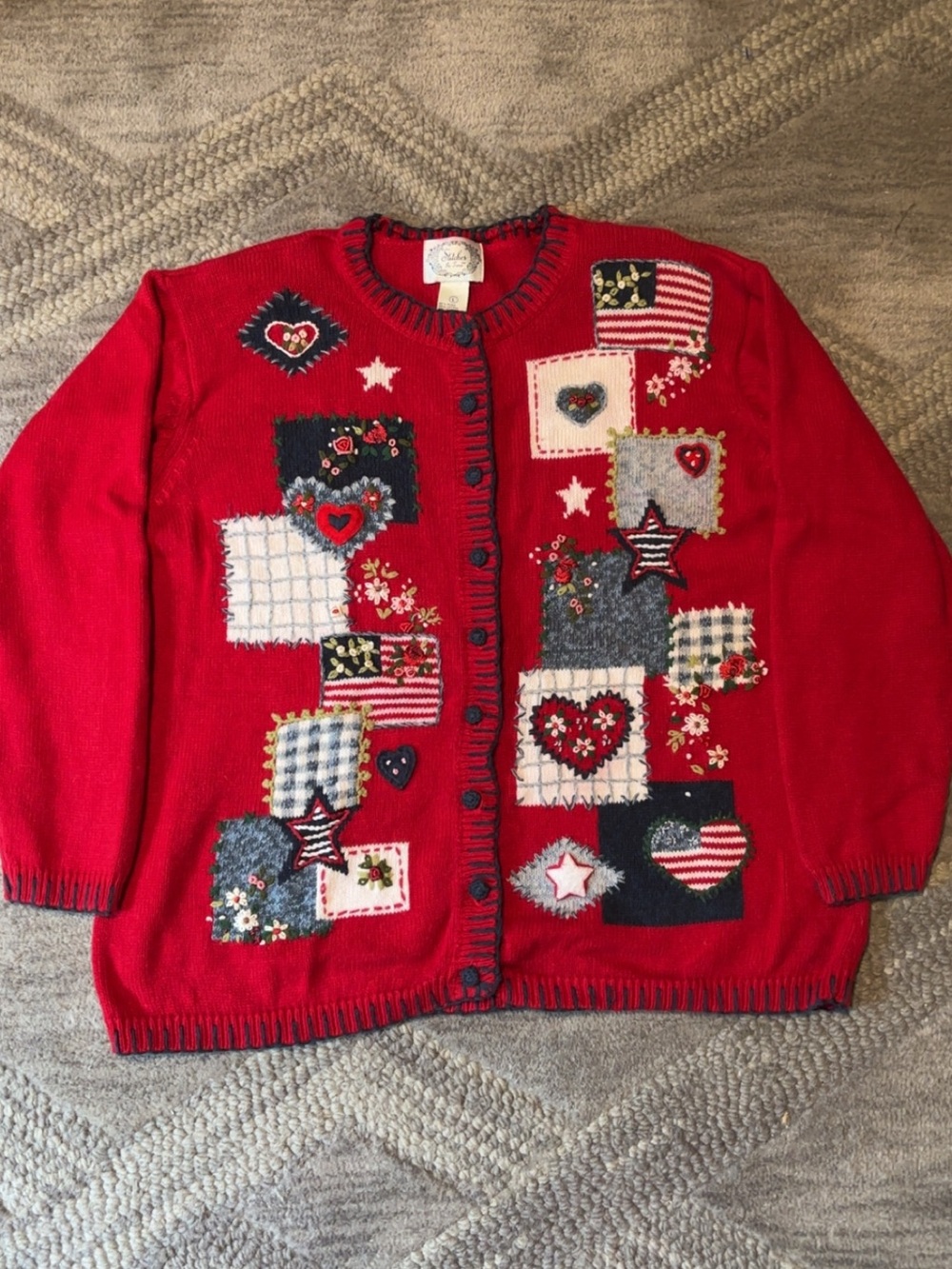 Vintage Stitches in Time America Patchwork Heart & Star Grannycore Cardigan Sz L